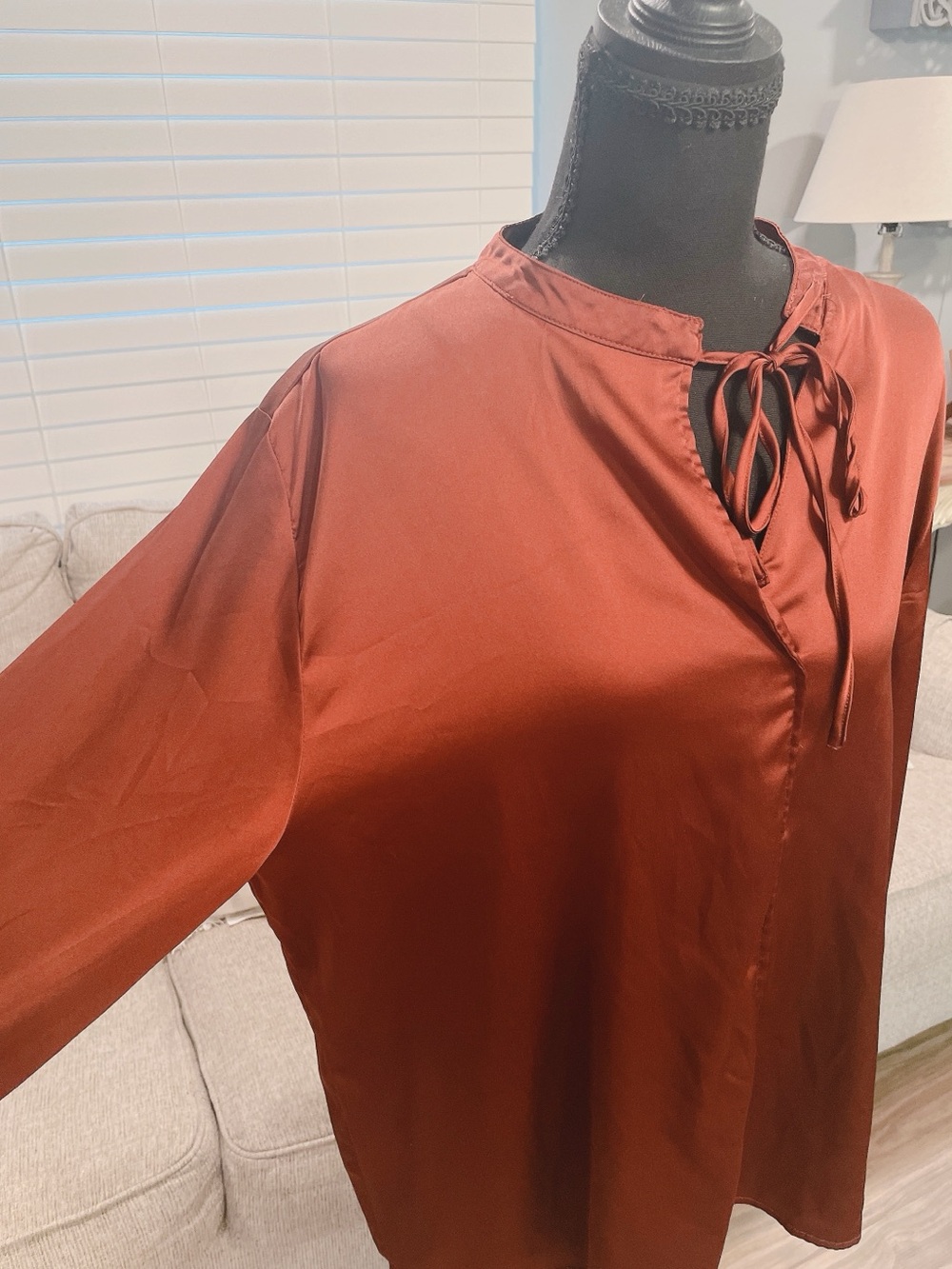 Chico's Brown Silky Tie Neck Blouse Size 3( 16-18) - Picture 4 of 8
